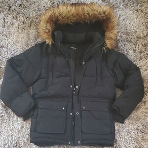 Diesel Black and Brown Quilted Puffer Jacket with Fur Hood